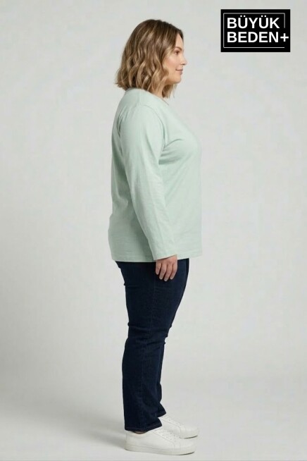 Kadın Büyük Beden Uzun Kollu 2 İplik Bisiklet Yaka Tişört SPR25BTSK942