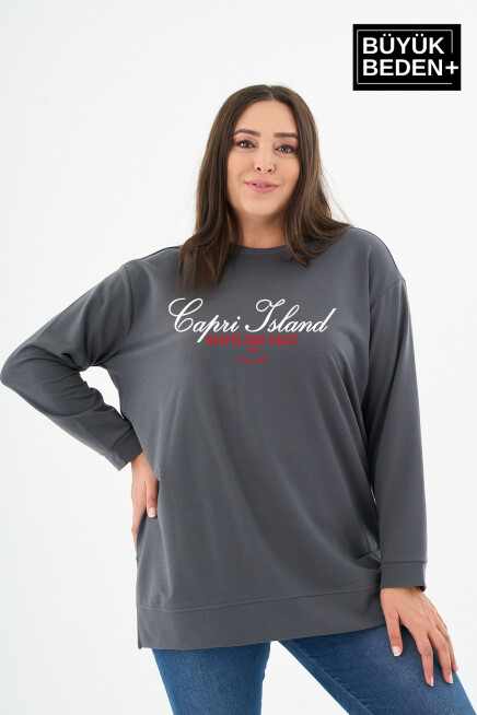 Kadın Tunik Büyük Beden Capri Island Baskılı ince Sweatshırt SPR26BTK990-1