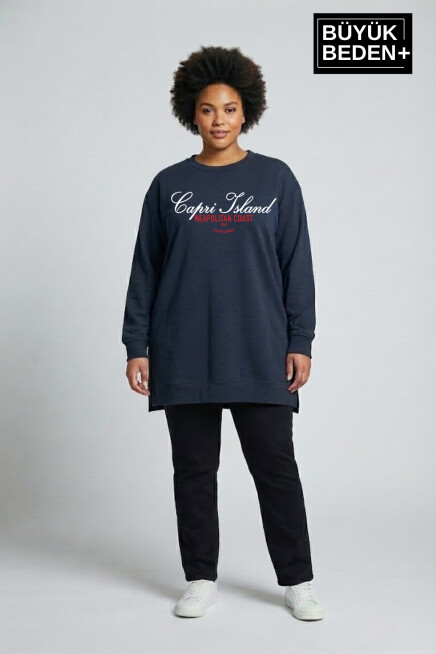 Kadın Tunik Büyük Beden Capri Island Baskılı ince Sweatshırt SPR26BTK990-1
