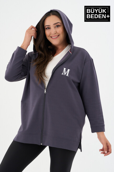 Kadın Tunik Büyük Beden M Baskılı Fermuarlı Kapşonlu Sweat Hırka SPR26BTK955-4
