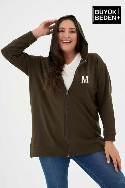 Kadın Tunik Büyük Beden M Baskılı Fermuarlı Kapşonlu Sweat Hırka SPR26BTK955-4