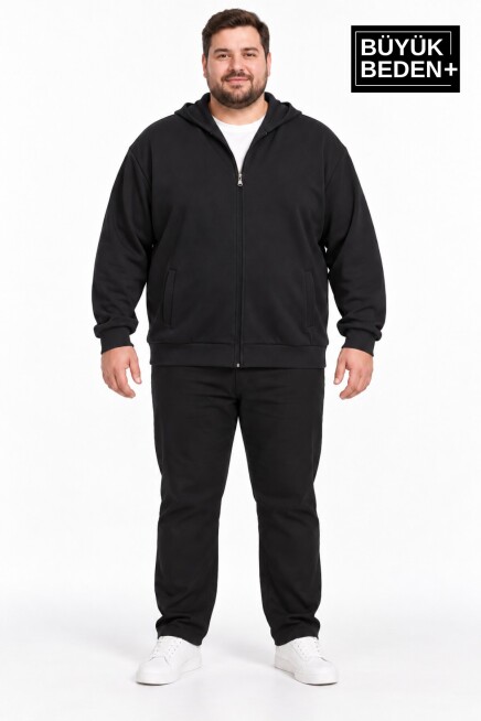 Erkek Büyük Beden İki İplik Kapüşonlu Fermuarlı Cepli Sweatshirt Hırka SPR26BHR961