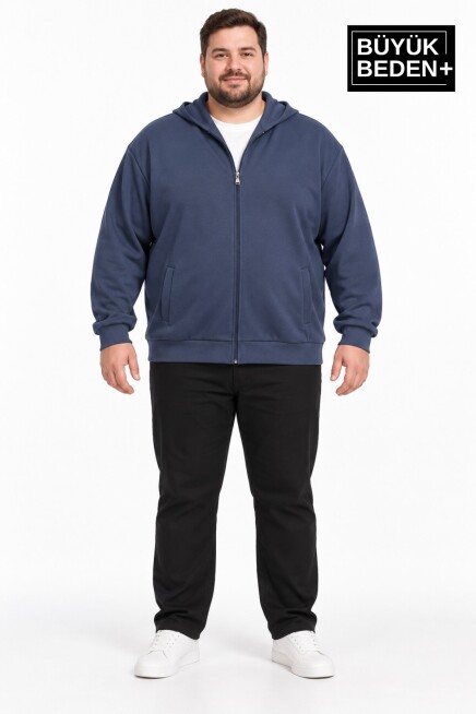 Erkek Büyük Beden İki İplik Kapüşonlu Fermuarlı Cepli Sweatshirt Hırka SPR26BHR961
