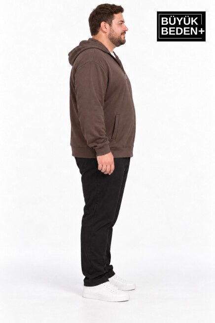 Erkek Büyük Beden İki İplik Kapüşonlu Fermuarlı Cepli Sweatshirt Hırka SPR26BHR961
