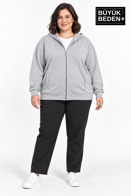 Kadın Büyük Beden Fermuarlı Kapüşonlu Cepli Sweatshirt Hırka Rahat Kalıp SPR26BHRK961