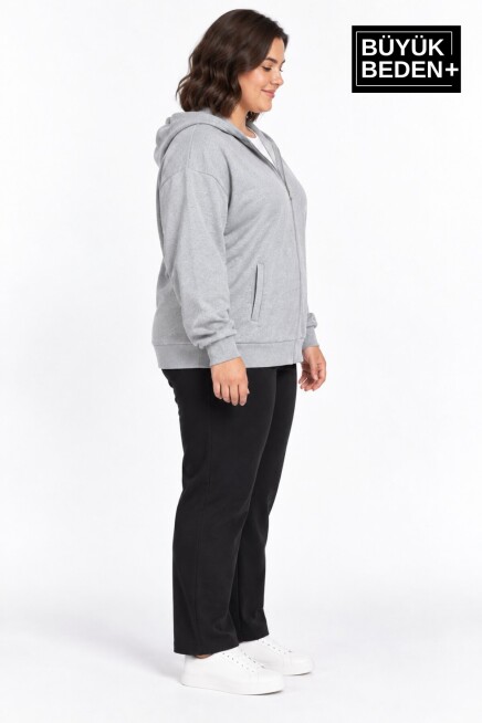 Kadın Büyük Beden Fermuarlı Kapüşonlu Cepli Sweatshirt Hırka Rahat Kalıp SPR26BHRK961