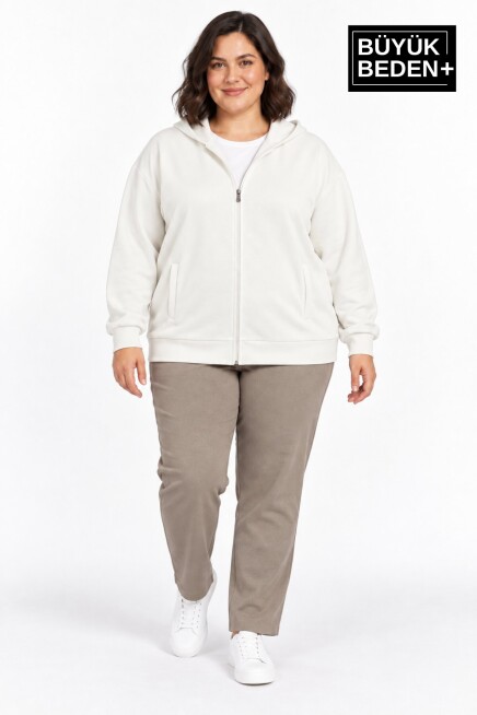 Kadın Büyük Beden Fermuarlı Kapüşonlu Cepli Sweatshirt Hırka Rahat Kalıp SPR26BHRK961