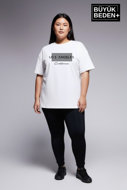 Kadın Büyük Beden Los Angeles Baskılı 3xl-6xl Bisiklet Yaka Tshırt SPR26BTSK510-18