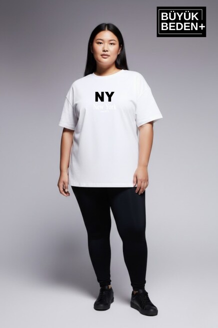 Kadın Büyük Beden NY New York  Baskılı 3xl-6xl Bisiklet Yaka Tshırt SPR26BTSK510-15