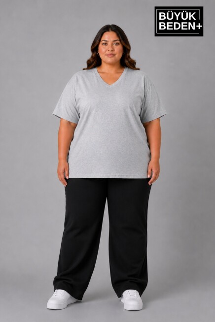 Süperlife Büyük Beden Kadın V Yaka Pamuklu Basic Tişört Lacivert 3XL-6XL SPR26BTSK509